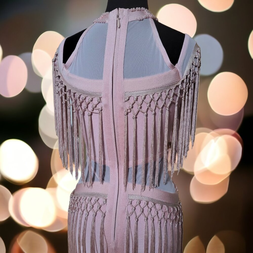Pink Off the Shoulder Pearl Fringe Tassel Body-Con Halter Short Dress - Picture 9 of 10